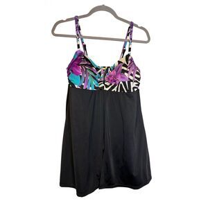 Inches Away 1-Piece Swimsuit Sz. 16 Solid Bottom Tropical Print Top Resort